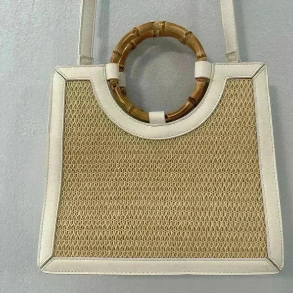 Like dream bamboo handle cross body strap handbag white and beige leather - Picture 2 of 7